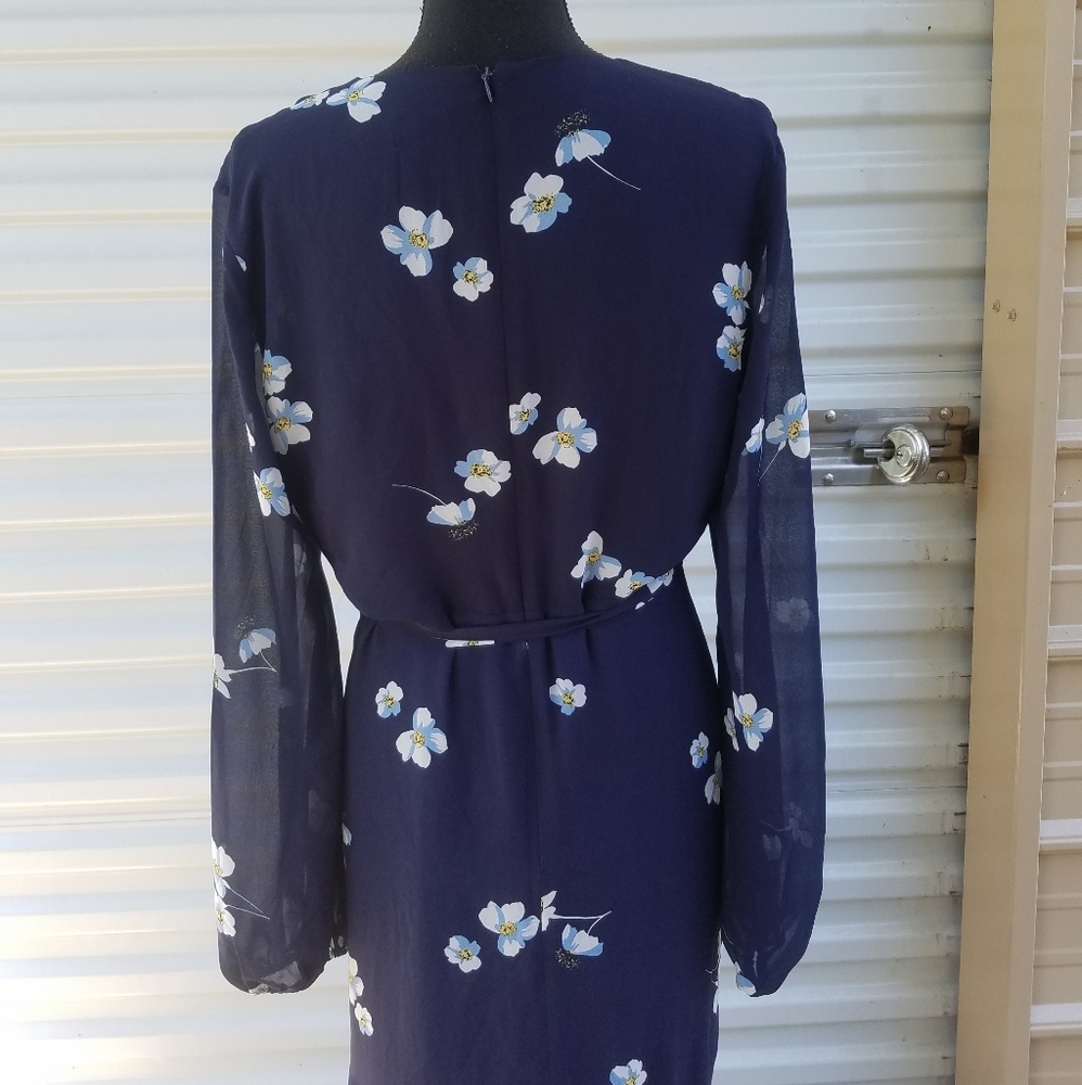 Bardot Poppy Floral Faux Wrap Chiffon Midi Dress, Navy Blue Sz 10 EUC - Picture 5 of 8